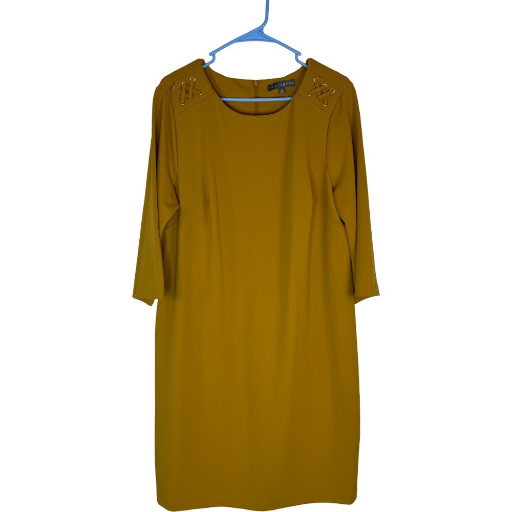 Sharagano Shift Dress Women 14W‎ Mustard Yellow Lace Up Grommet Shoulder